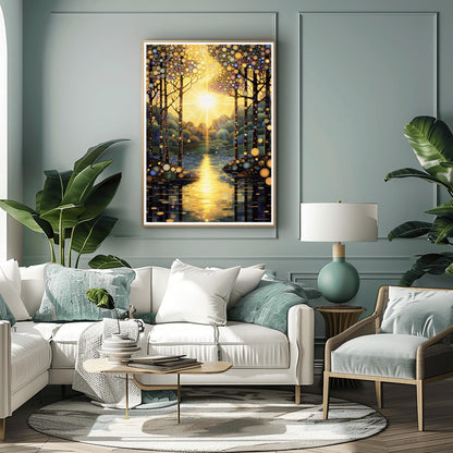 A vertical fine art painting in the style of Gustav Klimt. A brilliant sun is centered in the sky, emitting golden rays that look like stained glass panes. Slender trees with colorful mosaic patterns on their bark frame a calm lake. The water reflects the golden sun in a series of horizontal mosaic tiles. The overall palette is brilliant gold, warm amber, and deep teal.