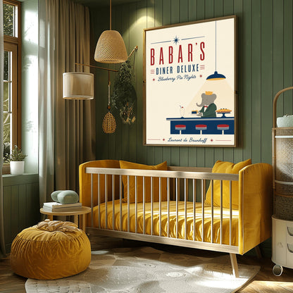 A minimalist graphic vintage-style poster on a solid cream background titled "BABAR'S DINER DELUXE - Blueberry Pie Nights" in bold red and blue typography. At the bottom right, the cartoon elephant King Babar wears a green suit and gold crown behind a dark blue counter. A single blue hanging lamp projects a sharp triangle of yellow light over him as he holds a plate with a slice of blueberry pie. On the counter sit three red-topped stools, a vintage milkshake, and a whole pie on a stand.