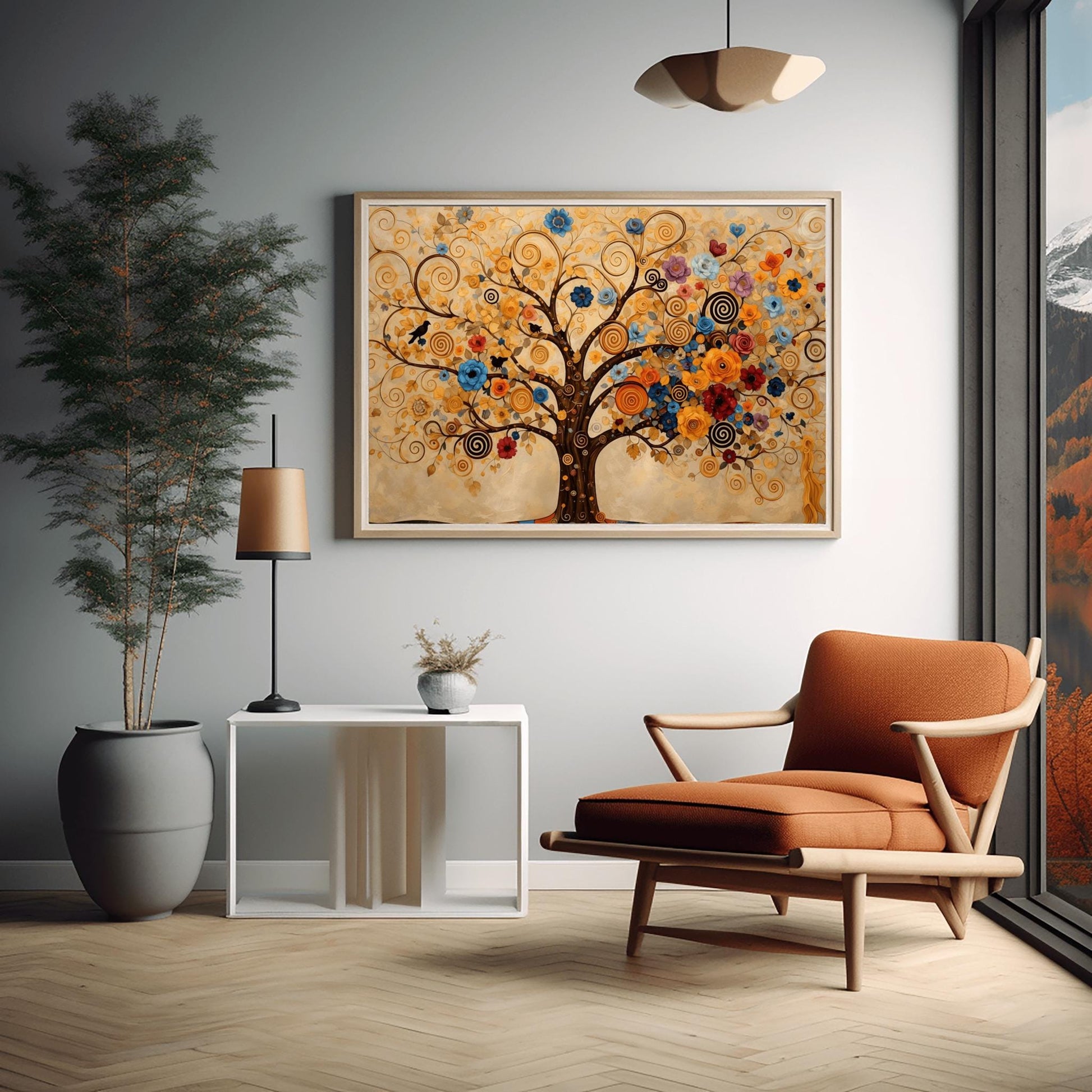 A horizontal fine art print in the style of Gustav Klimt. A large tree with dark branches that curl into golden spirals fills the frame. The tree is decorated with a variety of colorful blue, orange, and red flowers and small black birds. The background is a warm cream color with faint, swirling patterns.