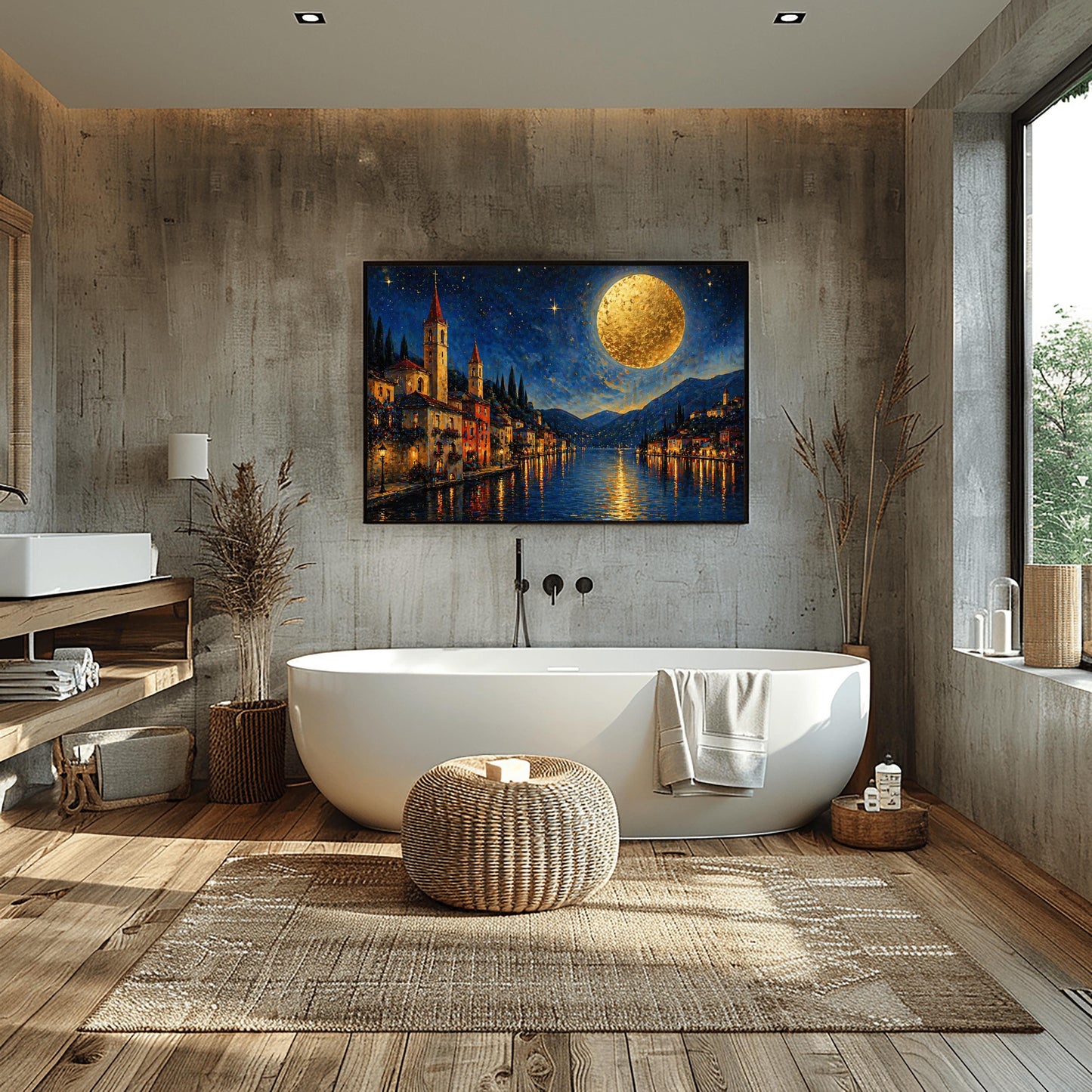 A horizontal art print in a decorative mosaic style inspired by Gustav Klimt. A charming lakeside village with warm-lit windows and tall church spires sits along the edge of dark blue water. A massive, glowing golden moon with heavy texture hangs in a starry night sky. The light from the moon and the town reflects in long, shimmering streaks on the water. The mountains in the distance are shaded in soft blues and purples.