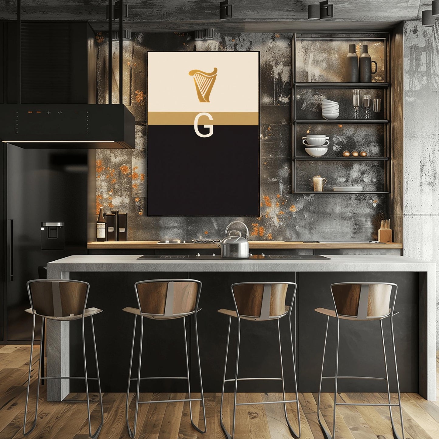 A vertical minimalist graphic art print. The top half is cream-colored with a golden harp icon at the top. A large, white serif letter "G" is centered in the middle but is split in half by a horizontal gold band. The bottom half of the poster is solid, deep black. The design is a modern, graphic tribute to the Guinness brand colors and symbols.