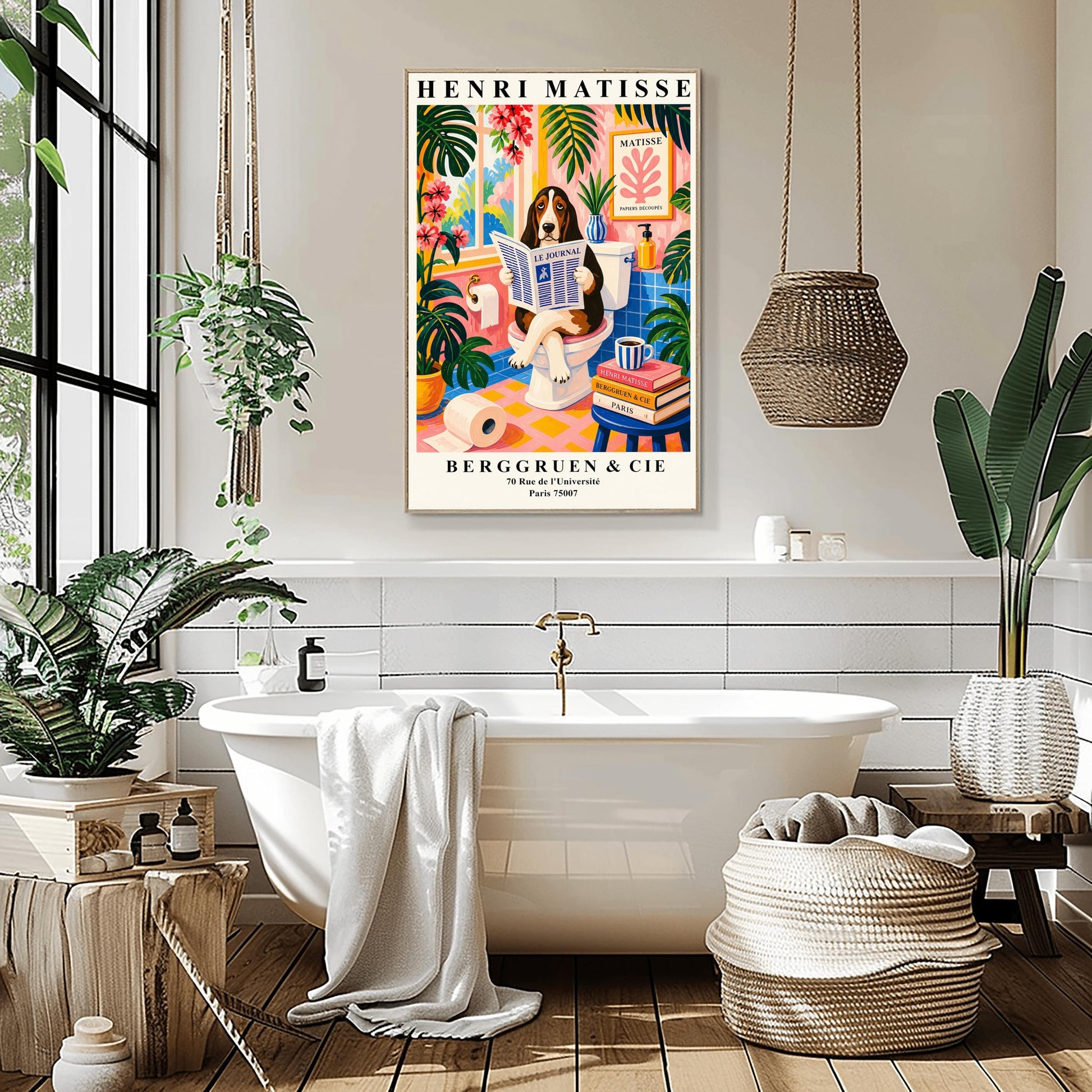 A vertical maximalist art print designed as a Henri Matisse exhibition poster. A brown, black, and white Basset Hound is sitting on a white toilet with its legs crossed, holding and reading a newspaper titled "Le Journal." The bathroom is vibrantly colored with pink walls, blue wall tiles, and a pink and yellow checkered floor. The room is filled with large green tropical plants and red flowers. A stack of art books and a striped mug sit on a blue stool.