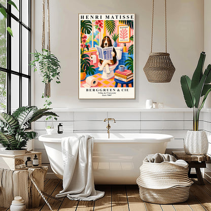 A vertical maximalist art print designed as a Henri Matisse exhibition poster. A brown, black, and white Basset Hound is sitting on a white toilet with its legs crossed, holding and reading a newspaper titled "Le Journal." The bathroom is vibrantly colored with pink walls, blue wall tiles, and a pink and yellow checkered floor. The room is filled with large green tropical plants and red flowers. A stack of art books and a striped mug sit on a blue stool.