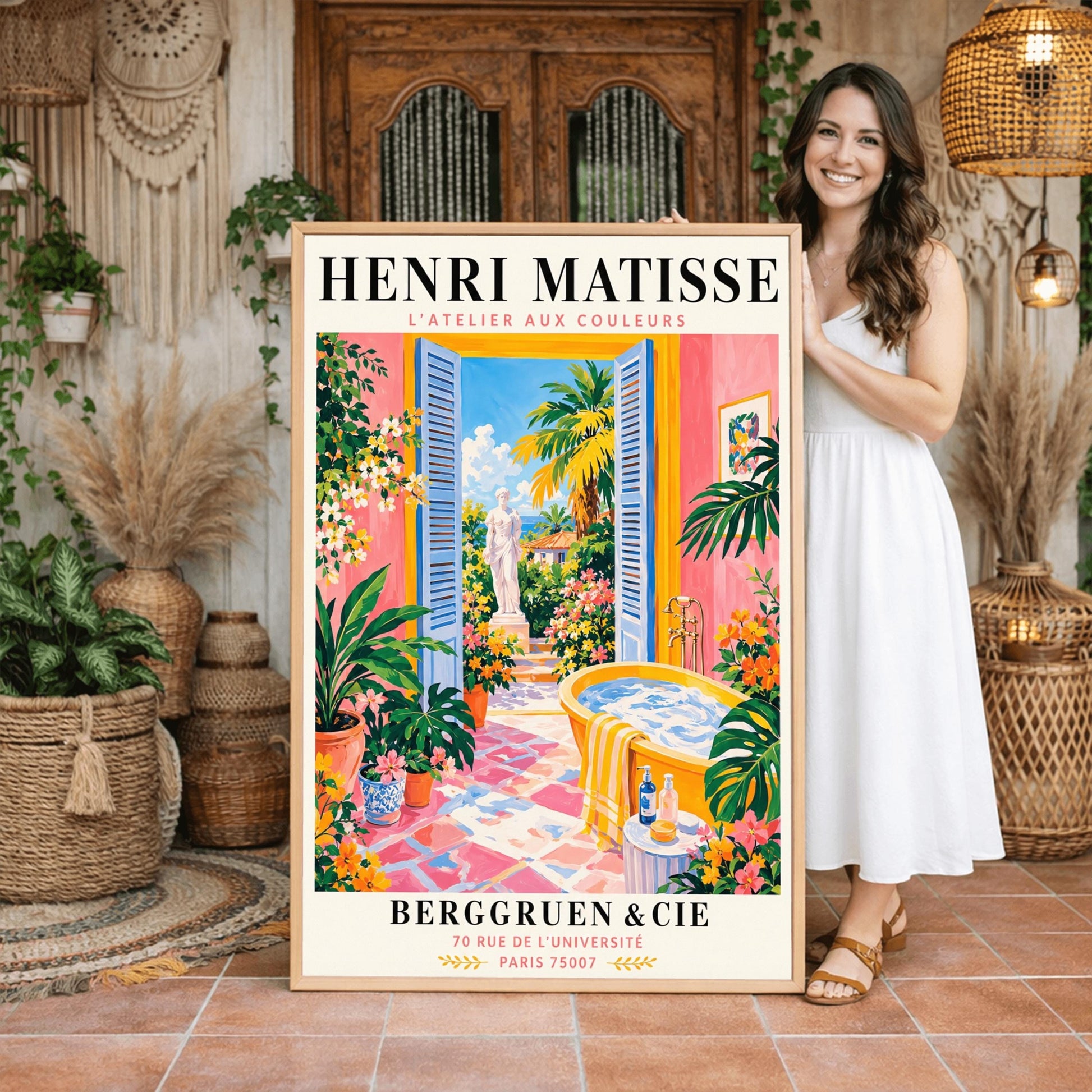 A vertical minimalist fine art exhibition poster in the style of Henri Matisse, featuring a wide white border layout. In the center, a simple black line drawing illustrates a vintage clawfoot bathtub sitting on a terracotta red balcony floor. The balcony opens out to a view of a flat royal blue ocean and a mustard yellow sky. The entire composition is framed by flat paper-cut abstract organic coral leaf shapes against a solid white backdrop.