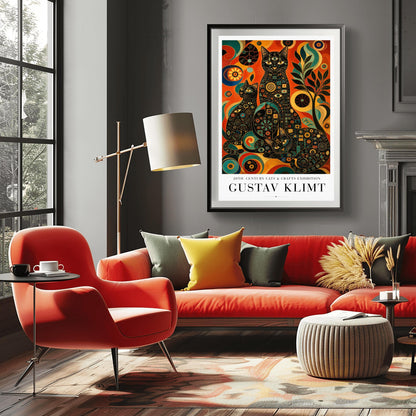 A vertical art print in the style of Gustav Klimt. Three black cats are positioned together, their bodies covered in intricate colorful mosaics of circles, squares, and eye symbols in gold, teal, and red. The background is a vibrant abstract of swirling orange, red, and yellow patterns with a stylized black tree to the right. The bottom of the poster features clean black text that reads "20th Century Cats & Crafts Exhibition" and "Gustav Klimt."