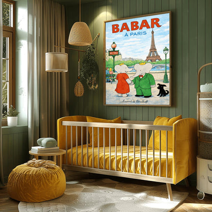 A vertical children's illustration poster titled "BABAR À PARIS" in large red and blue letters. King Babar, in a green suit, and Queen Celeste, in a red dress, are holding hands on a sidewalk in Paris. The Eiffel Tower is visible in the background across a river with a stone bridge and boat. To the left is a green "METRO" sign, and a small black dog sits to the right. The name "Laurent de Brunhoff" is at the bottom.