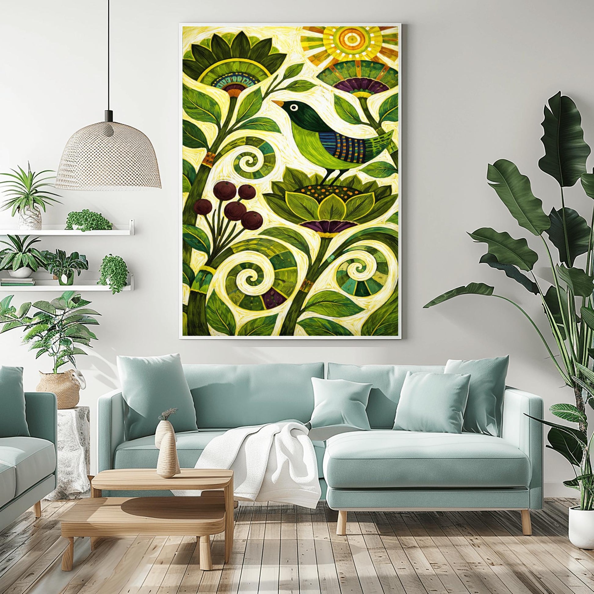 A vertical folk-style art print. A green-headed bird with a blue and purple striped wing sits on a large, stylized green flower. Swirling vines and leaves in various shades of green fill the bottom half of the frame, accompanied by a cluster of dark purple berries. In the top right corner, a bright yellow sun with concentric circles and rectangular rays shines down. The background is a textured off-white with fine, rhythmic brushstrokes throughout the composition.
