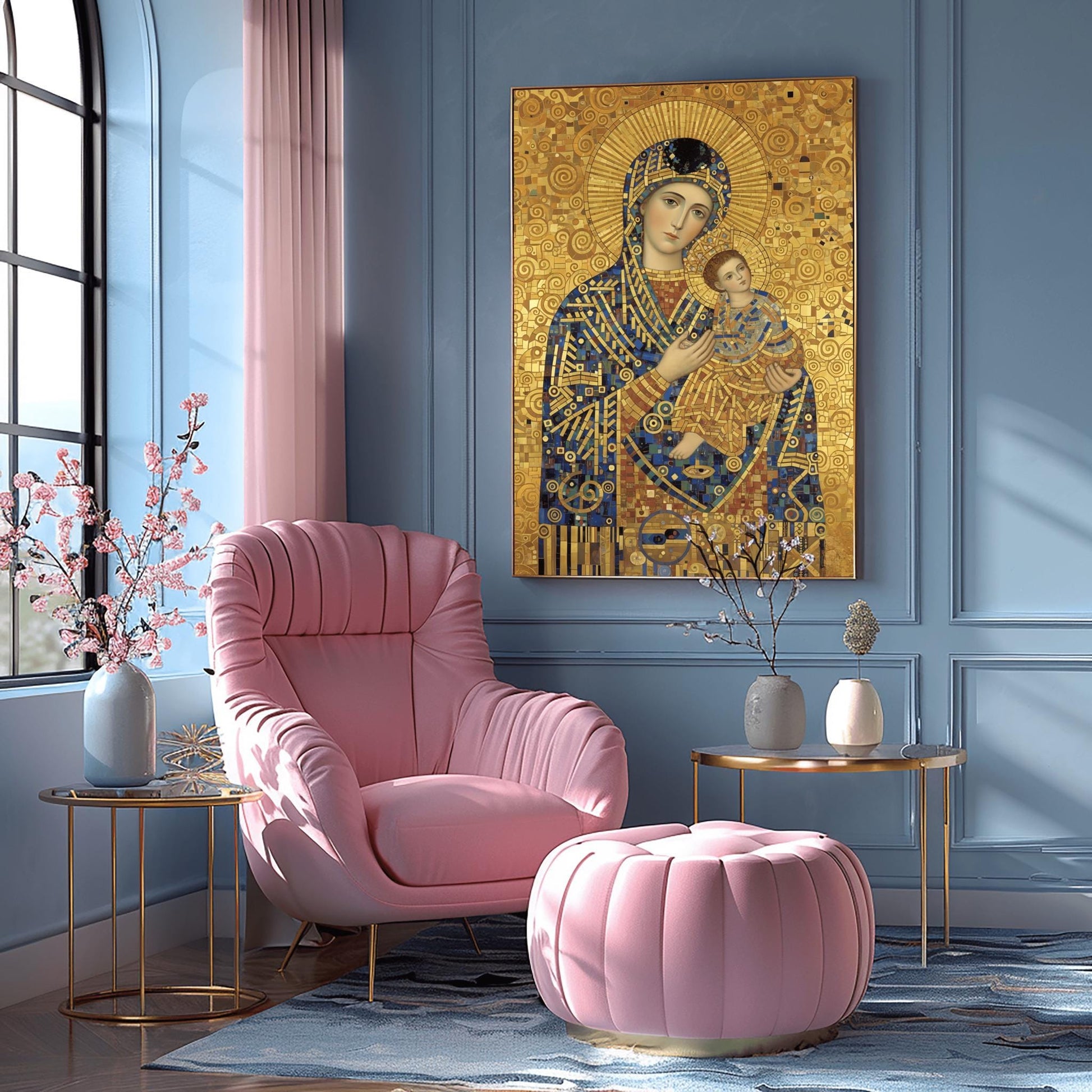 A vertical fine art print in the style of Gustav Klimt. A Madonna and Christ Child are depicted in a modern Byzantine style. Their robes are made of intricate gold and blue mosaic patterns. The Madonna has a large gold ray halo, and the entire background is a textured gold leaf with swirling spiral motifs.