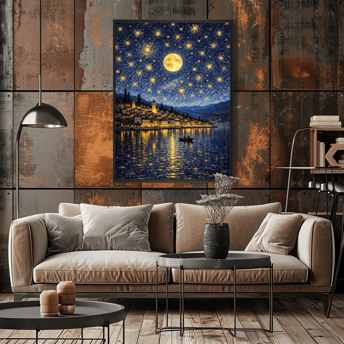 A vertical digital illustration of a coastal town at night in an impressionist style. A large full moon and many swirling yellow stars fill a deep blue sky. The golden lights of the hillside buildings reflect in the water below. A small rowboat with two people is in the foreground.