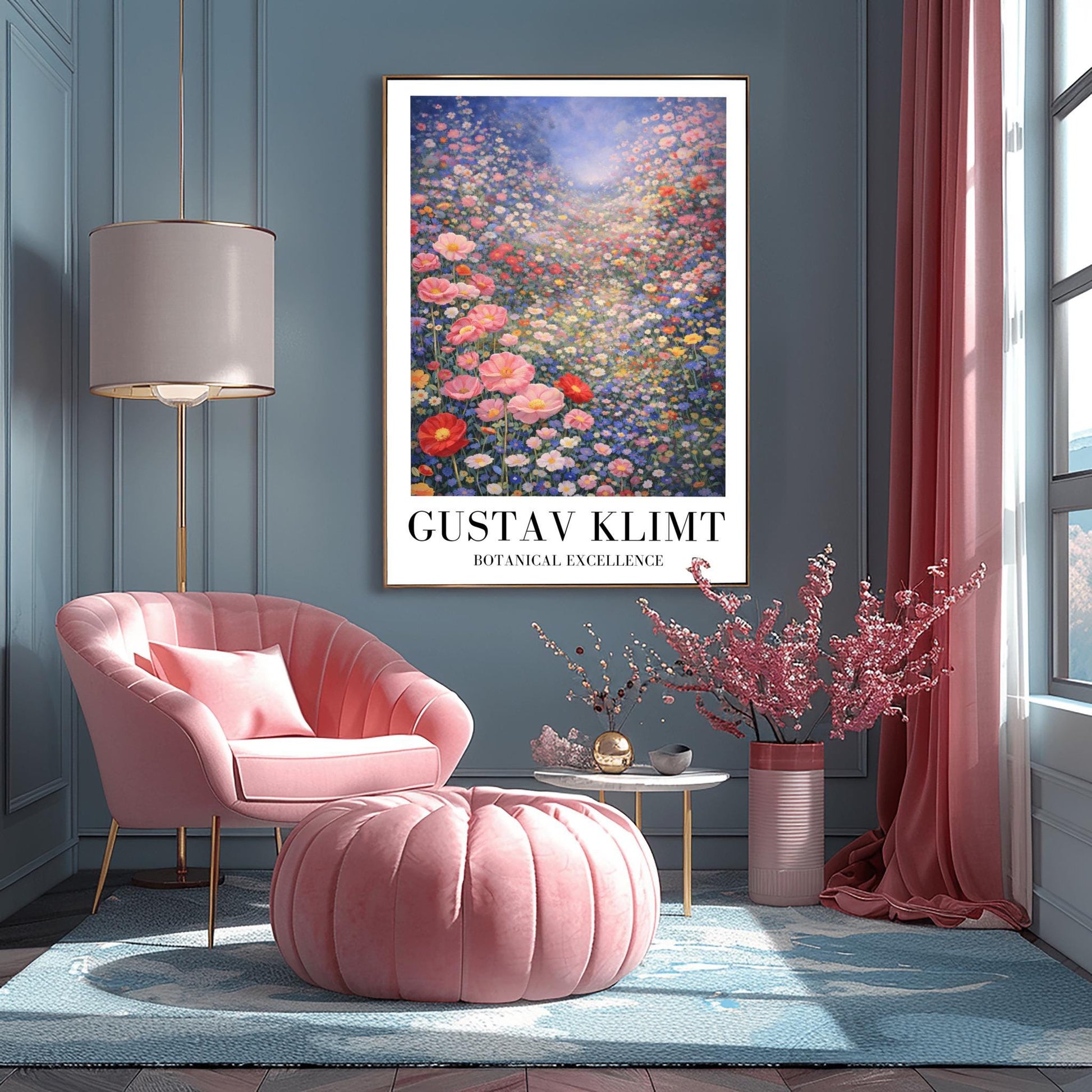 A vertical fine art landscape in the style of Gustav Klimt. A vast valley is filled with a dense sea of pink, red, blue, and white wildflowers. Large pink poppies are in the foreground, and the field stretches back to a hazy, sun-drenched horizon under a soft blue sky.