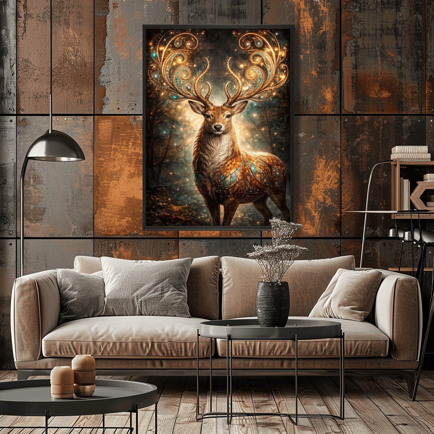 A vertical full-bleed illustration of a stag in the style of Gustav Klimt. The stag has massive, swirling golden antlers decorated with glowing gems. Its body is a mosaic of gold and turquoise. It stands in a misty, dark forest filled with golden sparks and floating embers.