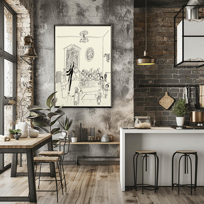 A vertical watercolor-style art print in the style of Ludwig Bemelmans. Several girls are in a large, vintage bathroom. One girl is in a white clawfoot bathtub, while others stand nearby in yellow robes or pajamas. The room features white tiles and a warm, sketchy architectural style. The overall mood is playful and cozy.