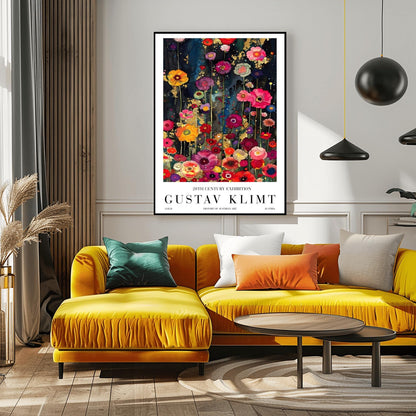 A vertical, highly detailed painting in the style of Gustav Klimt. A dense field of vibrant wildflowers in red, pink, orange, and purple grows against a dark indigo and black background. Shimmering gold-leaf patterns and "rain" effects are woven throughout the flowers. The style is rich in texture with a mosaic-like quality and heavy gold accents.