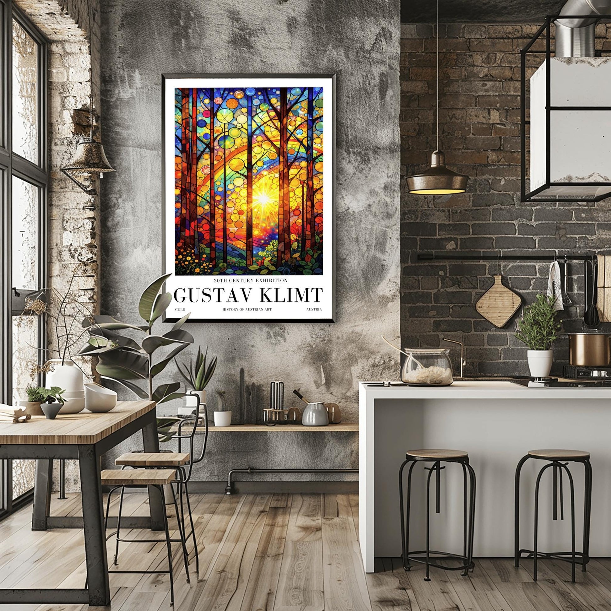 A vertical museum exhibition poster in the style of Gustav Klimt. A bright sun radiates light through a forest where the leaves are represented by colorful circles resembling stained glass. The foreground features detailed flowers and leaves. Bold black text at the bottom reads "GUSTAV KLIMT" and "HISTORY OF AUSTRIAN ART."