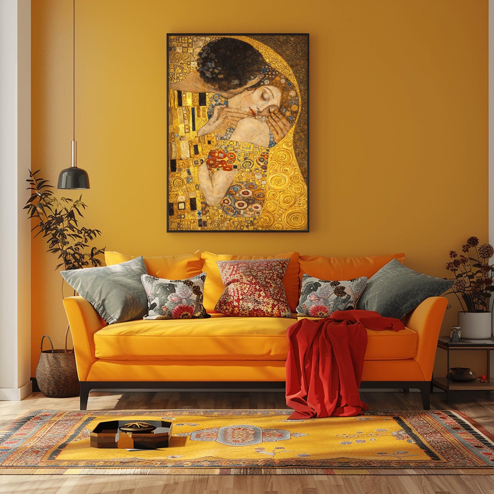 A vertical fine art print in the style of Gustav Klimt's "The Kiss." An embracing couple is centered, their bodies merged under a single, ornate golden cloak filled with geometric patterns like black and white rectangles and colorful spirals. The woman’s face is turned upward with eyes closed in a peaceful expression. The background is a shimmering, textured gold field, creating a radiant and romantic Art Nouveau atmosphere.