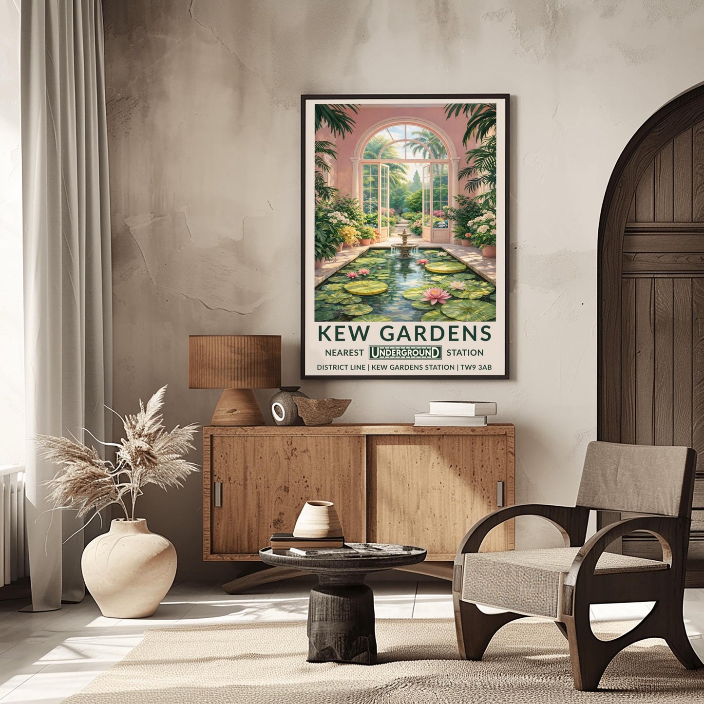 A vertical vintage travel poster for Kew Gardens. The scene is an interior view of a pink-walled conservatory featuring a long rectangular pond filled with lily pads and pink water lilies. A tiered stone fountain stands in the water. Large arched glass doors are open in the center, revealing a sun-drenched garden path lined with flowers and palm trees. The bottom features a cream border with bold green text: "KEW GARDENS" and "NEAREST UNDERGROUND STATION" with District Line details.