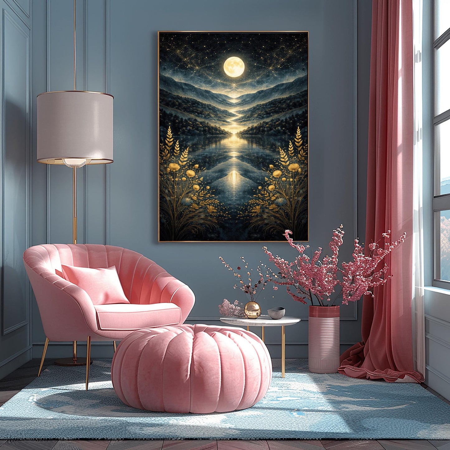 A vertical Art Nouveau illustration in the style of Gustav Klimt. A golden full moon and swirling stardust fill a dark blue sky above a symmetrical mountain valley. A river of light flows into a lake in the center, framed by golden wheat and flowers in the foreground.