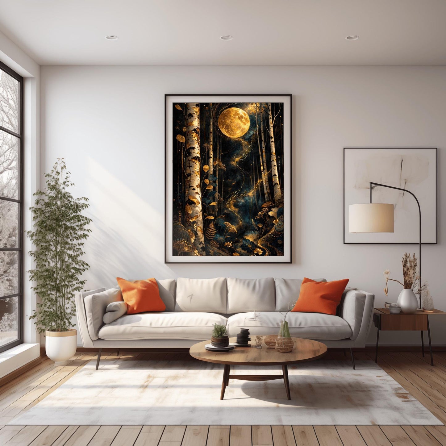 A vertical, highly detailed Art Nouveau illustration in the style of Gustav Klimt. A large, ornate golden moon with swirling patterns hangs in a dark navy forest. The foreground is filled with stylized golden wildflowers and ferns, and a ribbon of golden stardust winds through patterned birch trees.