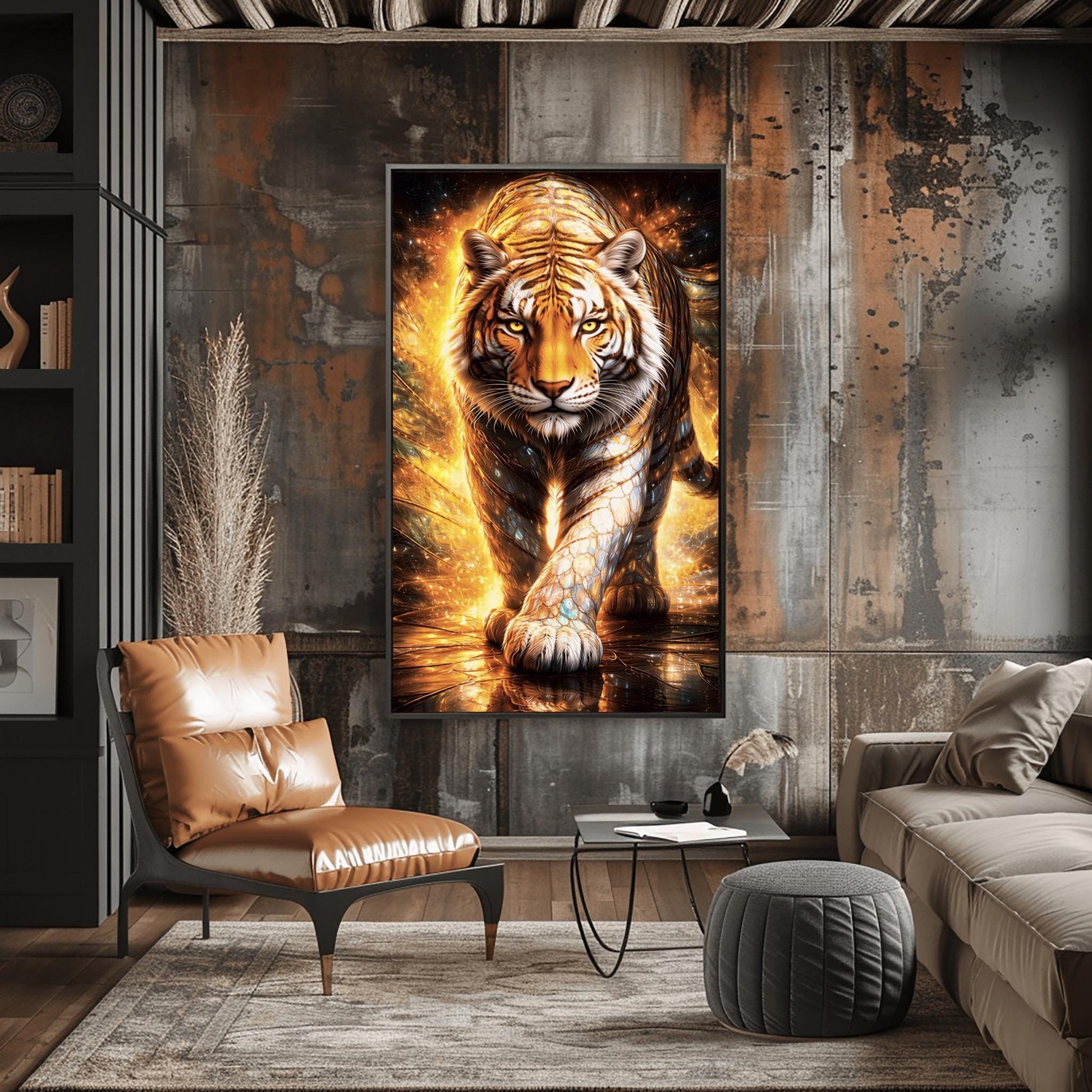 A vertical full-bleed illustration of a tiger in the style of Gustav Klimt. The tiger is prowling forward toward the viewer, its body covered in golden mosaic patterns and glowing orange light. The background is a swirl of amber sparks and gold-leaf textures.