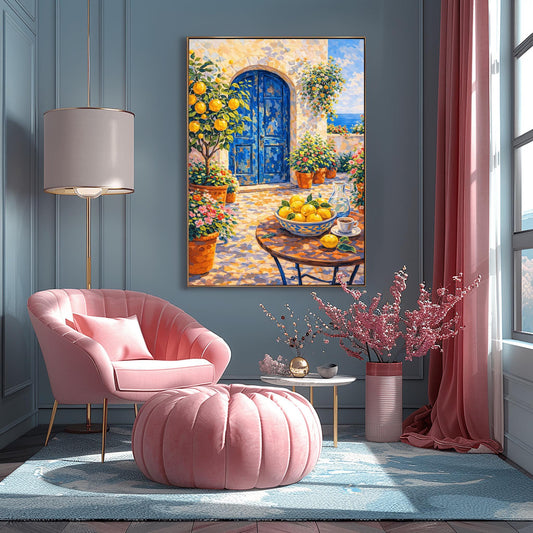 A vertical painterly illustration of a sun-drenched Mediterranean courtyard with a large arched blue door. A table in the foreground holds a bowl of lemons and a cup of coffee. Terracotta pots with flowers and a lemon tree surround the stone patio, with a view of the blue sea in the background.