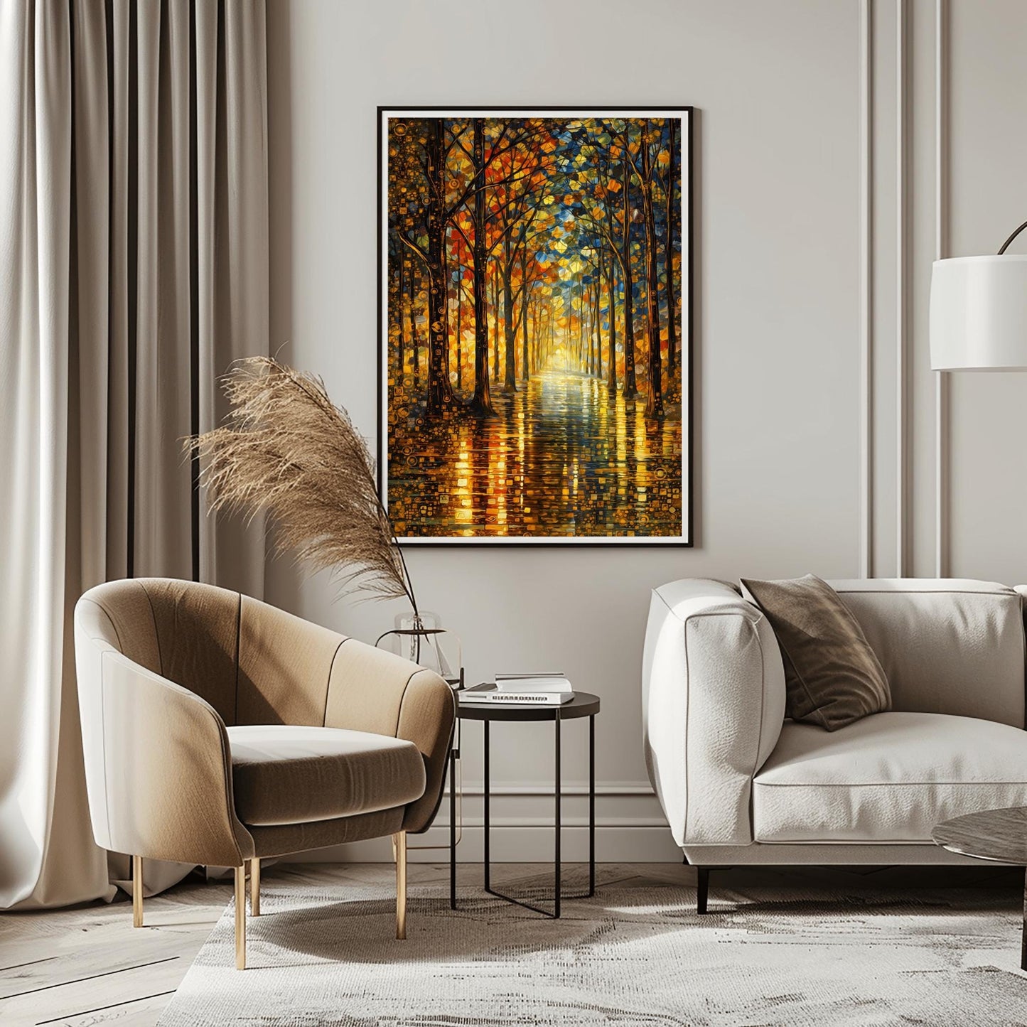 A vertical, highly detailed oil painting in the style of Gustav Klimt. A forest path lined with tall, slender trees is illuminated by a warm, golden light at the end of the corridor. The leaves are a mosaic of gold, orange, and red circles and geometric shapes. The path in the foreground is wet and reflects the brilliant colors of the trees in a shimmering, textured pattern.