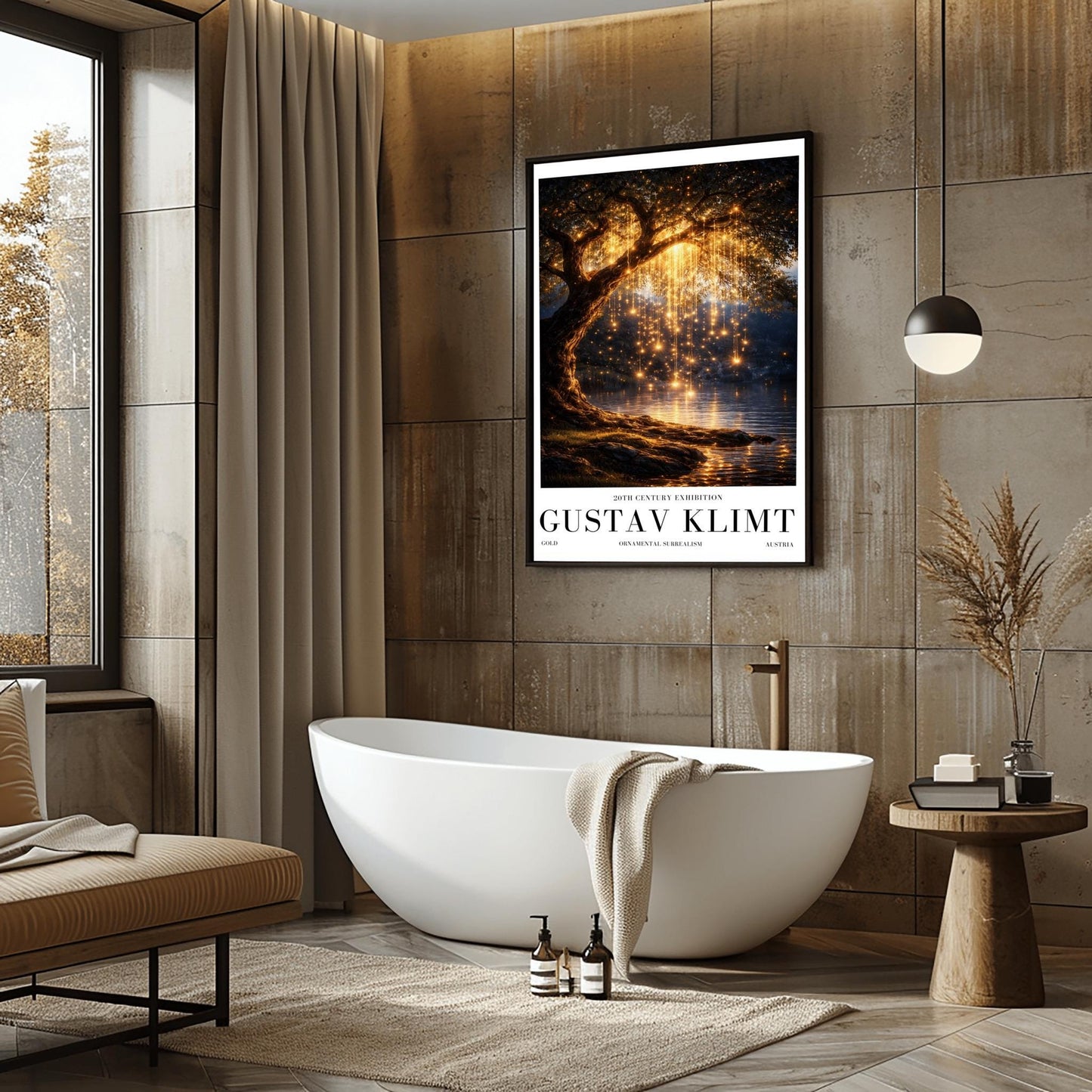 A vertical full-bleed illustration of a weeping willow tree at night in the style of Gustav Klimt. The branches hang down like strings of golden lights over a dark lake. The water reflects the golden glow, and the tree stands on a mossy bank against a dark forest background.