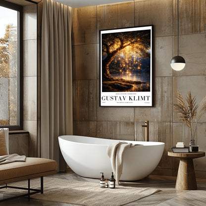 A vertical full-bleed illustration of a weeping willow tree at night in the style of Gustav Klimt. The branches hang down like strings of golden lights over a dark lake. The water reflects the golden glow, and the tree stands on a mossy bank against a dark forest background.