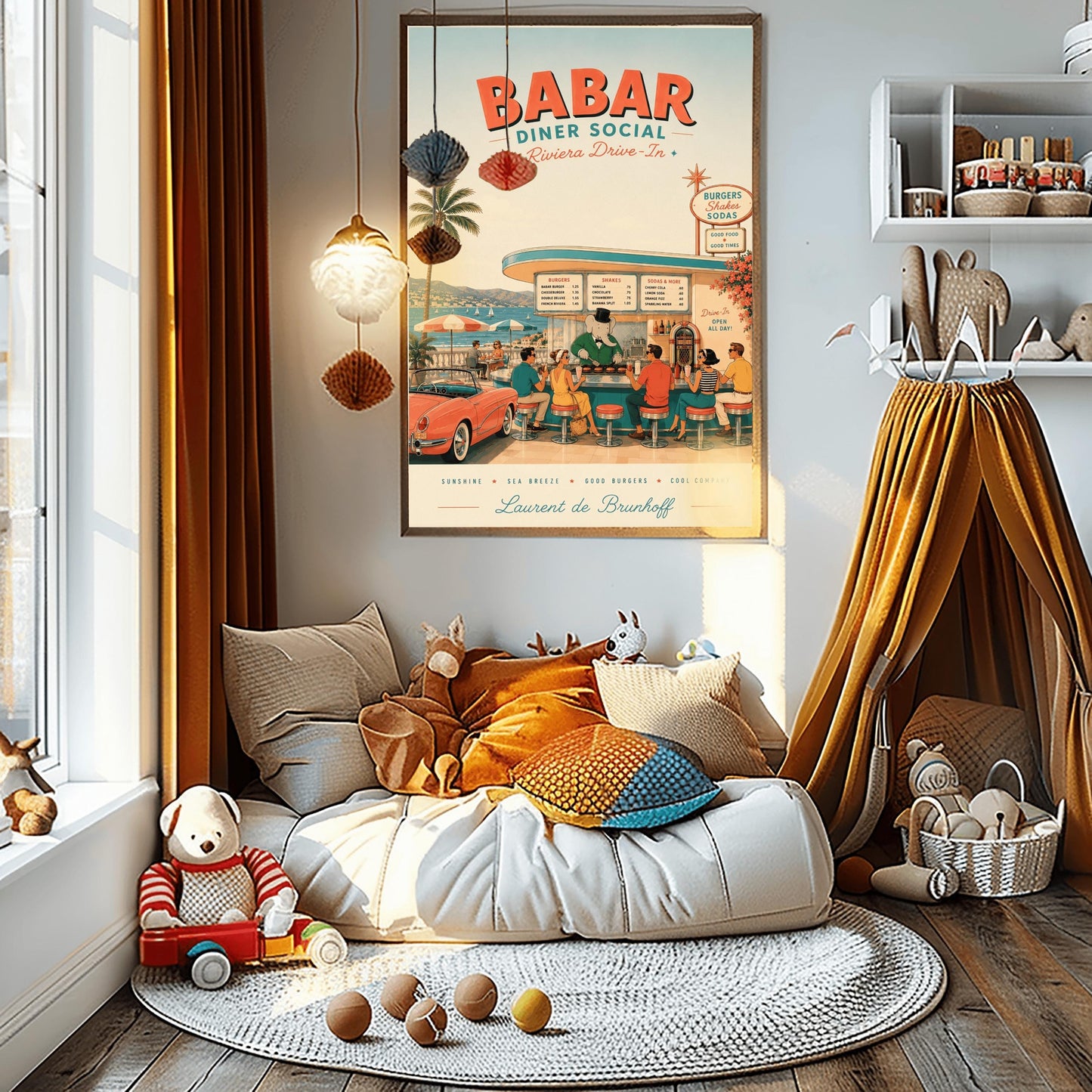 A mid-century style illustration poster titled "BABAR DINER SOCIAL - Riviera Drive-In" at the top. The scene shows an open-air retro diner bar right on the coast of the French Riviera, with a turquoise sea and white sailboats in the background. King Babar, a cartoon elephant in a green suit, bowtie, and top hat, cooks burgers on a grill behind the counter. Stylishly dressed patrons from the 1950s sit on red-topped stools, and a classic pink convertible sports car is parked on the left