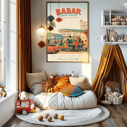 A mid-century style illustration poster titled "BABAR DINER SOCIAL - Riviera Drive-In" at the top. The scene shows an open-air retro diner bar right on the coast of the French Riviera, with a turquoise sea and white sailboats in the background. King Babar, a cartoon elephant in a green suit, bowtie, and top hat, cooks burgers on a grill behind the counter. Stylishly dressed patrons from the 1950s sit on red-topped stools, and a classic pink convertible sports car is parked on the left