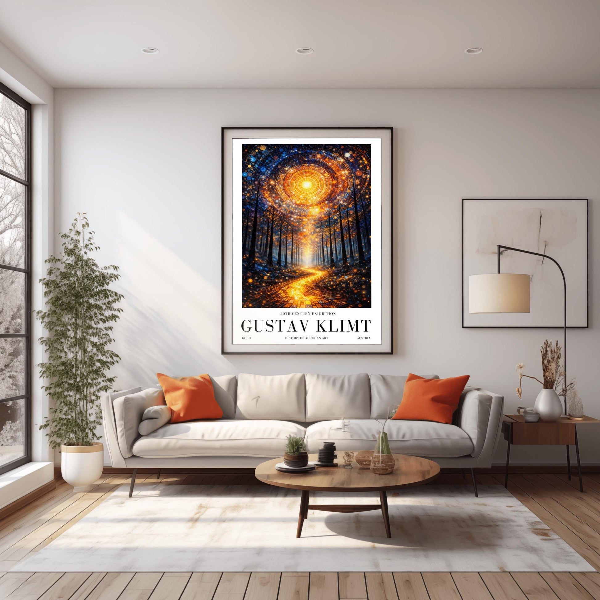 A vertical, highly detailed Art Nouveau illustration featuring a winding golden mosaic path leading through a dark forest toward a bright light. Above, a massive circular portal in the sky is made of intricate mosaic tiles in gold and blue. The scene is filled with shimmering golden stardust.