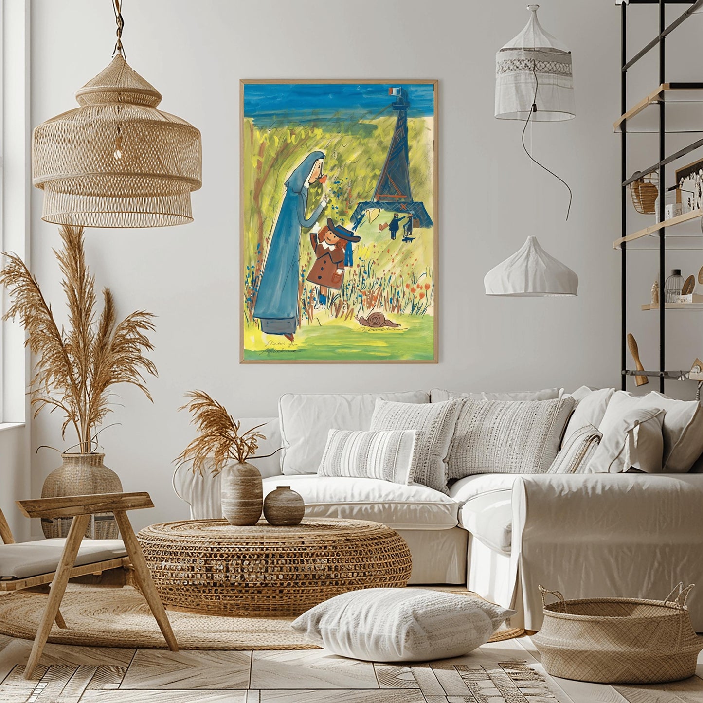 A vertical watercolor illustration in a whimsical, sketchy style. In the foreground, a nun in a tall blue habit bends down to smell an orange flower held by a young girl in a brown coat and a blue hat. They stand in a bright green field filled with red and blue wildflowers, with a brown snail nearby. In the background, a blue, impressionistic Eiffel Tower stands against a yellow-green sky with a French flag at its peak. Several small, sketchy figures walk in the distance.