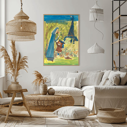 A vertical watercolor illustration in a whimsical, sketchy style. In the foreground, a nun in a tall blue habit bends down to smell an orange flower held by a young girl in a brown coat and a blue hat. They stand in a bright green field filled with red and blue wildflowers, with a brown snail nearby. In the background, a blue, impressionistic Eiffel Tower stands against a yellow-green sky with a French flag at its peak. Several small, sketchy figures walk in the distance.