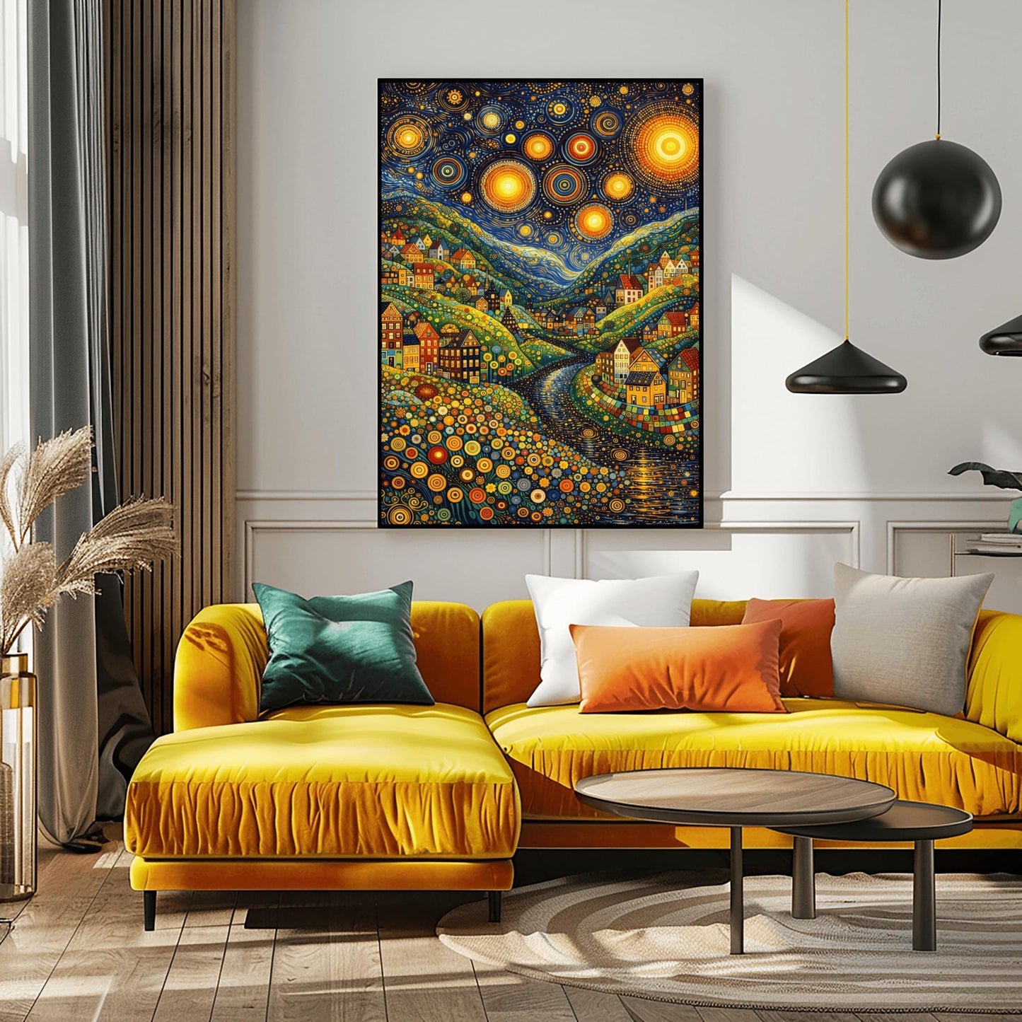A vertical art print depicting a vibrant, stylized valley at night. The sky is filled with massive, glowing yellow stars with concentric circle patterns and golden swirls. Below, colorful houses with geometric details are built into hills made of green and yellow dots. A dark river winds through the center. The foreground is filled with multi-colored circular flower patterns. The overall style is a mix of mosaic textures and swirling post-impressionist brushwork.