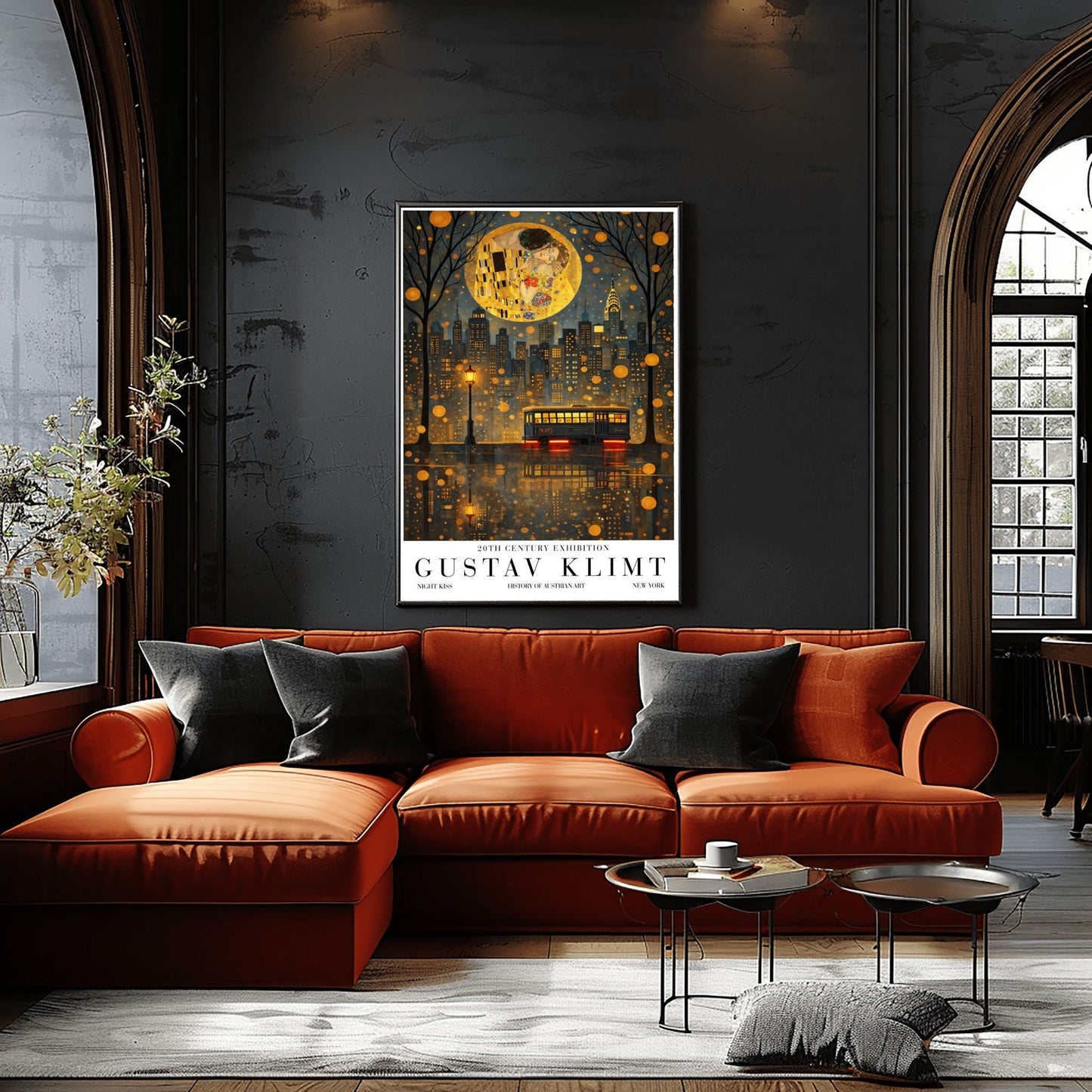 A vertical exhibition poster in the style of Gustav Klimt. A large, textured golden moon contains the iconic figures from "The Kiss" floating above a dark New York City skyline. The Chrysler Building is visible. In the foreground, a vintage trolley reflects in rain-slicked streets. Bold text at the bottom reads "GUSTAV KLIMT" and "NEW YORK."