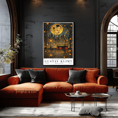 A vertical exhibition poster in the style of Gustav Klimt. A large, textured golden moon contains the iconic figures from "The Kiss" floating above a dark New York City skyline. The Chrysler Building is visible. In the foreground, a vintage trolley reflects in rain-slicked streets. Bold text at the bottom reads "GUSTAV KLIMT" and "NEW YORK."