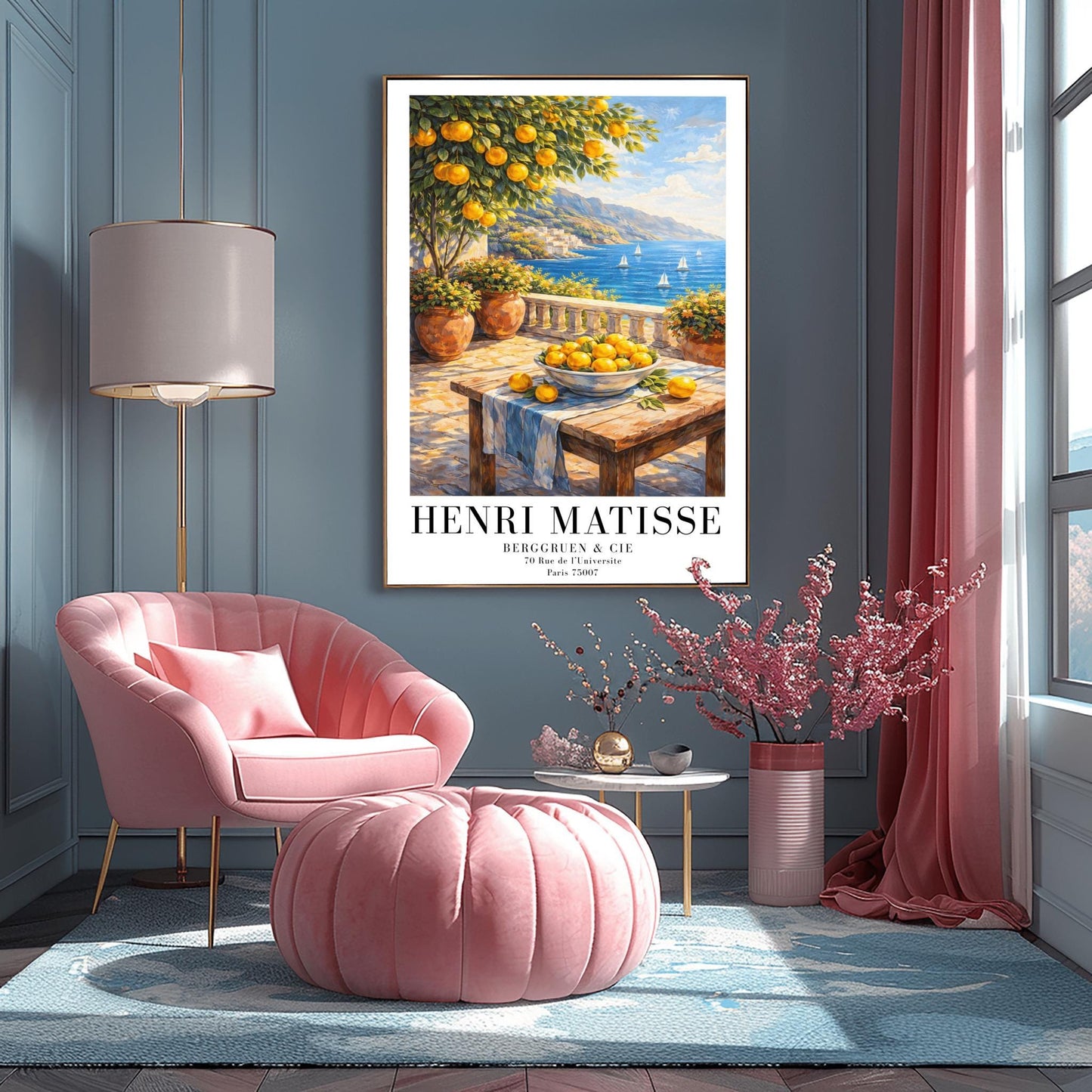 A vertical painterly illustration of a stone terrace overlooking a blue sea with sailboats. In the foreground, a wooden table holds a bowl of oranges and lemons. A citrus tree and flower-filled terracotta pots frame the view. Distant white-washed buildings sit on a coastline under a blue sky.