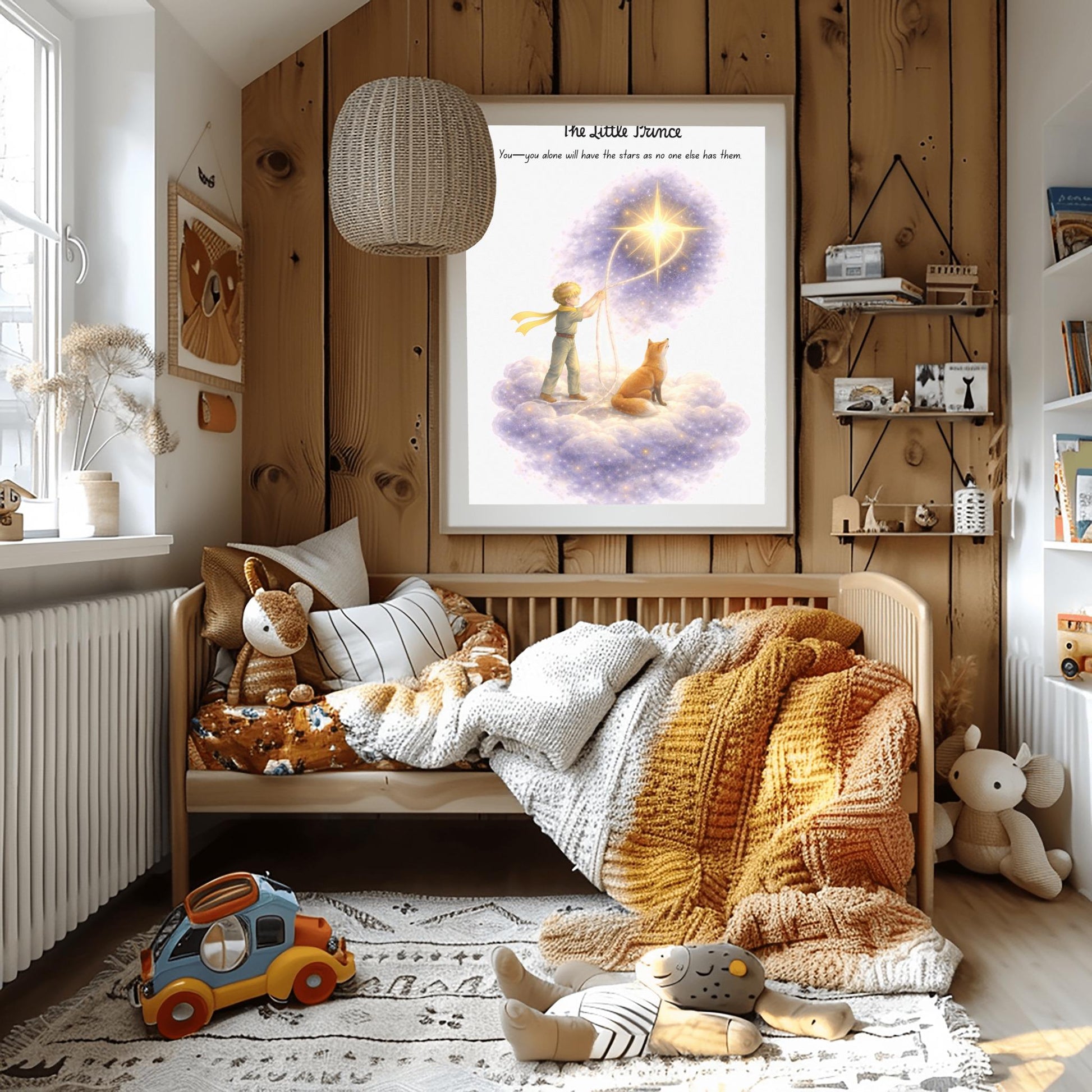 A vertical illustration poster titled "The Little Prince" in black script. A young boy with golden hair is standing on a soft, glowing lavender cloud next to a seated orange fox. The boy is holding a white rope that is looped around a large, bright yellow star. The star is surrounded by a sparkling purple nebula. Above the boy is the quote: "You—you alone will have the stars as no one else has them." The background is clean white.