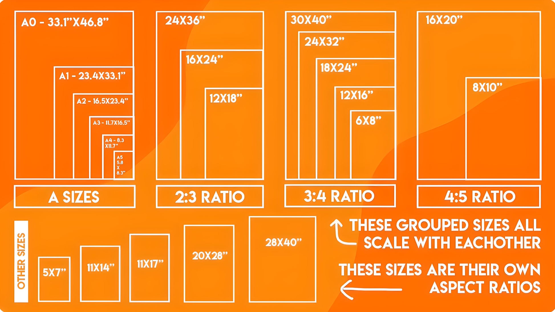 Illustration of various paper sizes and their ratios on an orange background