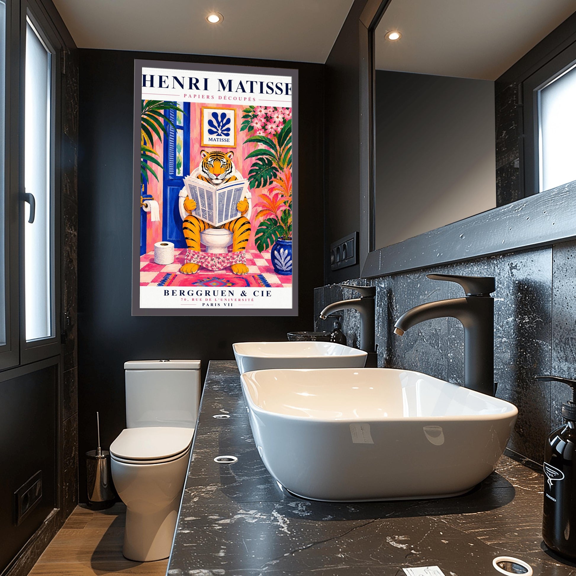 A vertical art print styled as a Henri Matisse exhibition poster. In the center, a tiger sits on a toilet in a pink bathroom, reading a newspaper with pink floral pants at its ankles. The room is decorated with lush tropical plants, a blue door, and a small Matisse-style blue cutout art piece on the wall. The text "HENRI MATISSE" is at the top, and "BERGGRUEN & CIE" is at the bottom.