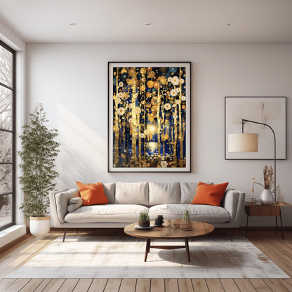 A vertical fine art print in the style of Gustav Klimt. Slender, textured gold leaf tree trunks stand against a dark midnight blue background. The sky and ground are filled with glowing white and gold circular flower patterns. In the center, a distant moon reflects in a small pool of water.