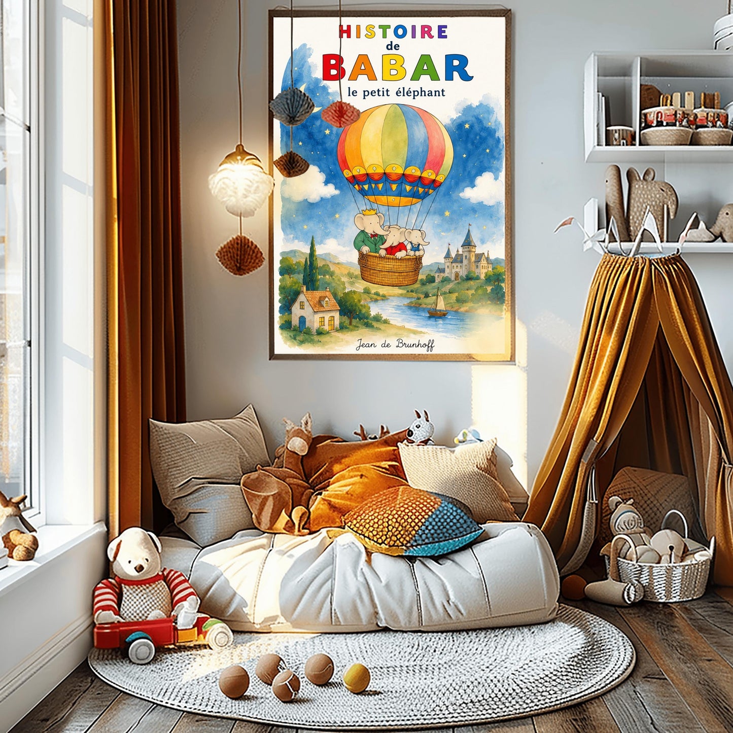 A vertical retro fine art exhibition poster titled "HISTOIRE de BABAR le petit éléphant" with a wide cream border. The illustration features a colorful hot air balloon carrying three elephants—one with a crown—floating in a sky that is half daytime blue and half starry dark blue with a crescent moon. Below them is a watercolor landscape of a river with a sailboat, a cottage, and a turleted castle. The signature "Jean de Brunhoff" anchors the bottom.