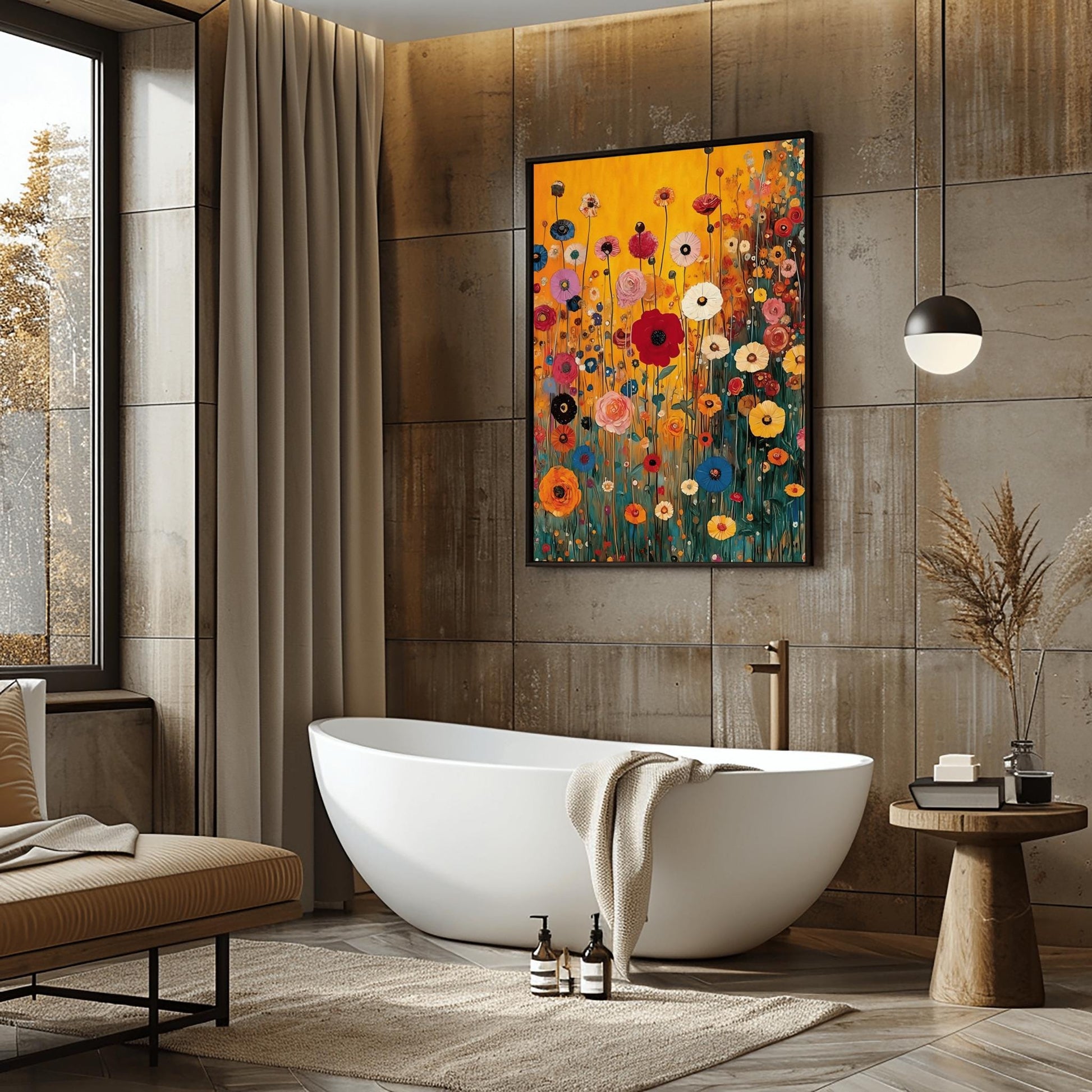 A vertical fine art print in the style of Gustav Klimt featuring a dense field of wildflowers. Red, blue, pink, and yellow flowers on long, thin green stalks grow against a solid amber-gold background. The painting features small ornamental dots and mosaic details throughout the meadow.