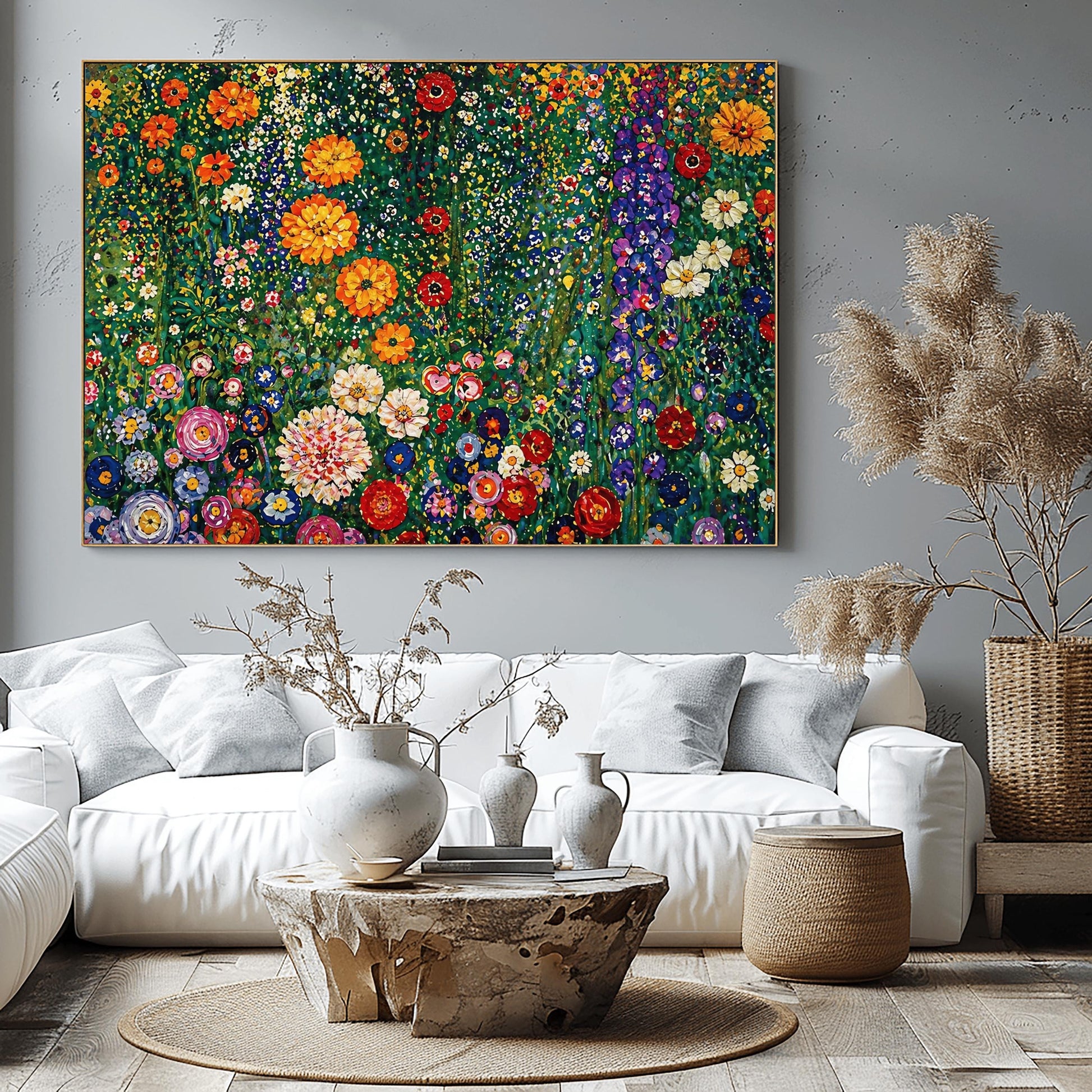 A horizontal art print featuring a dense and vibrant field of wildflowers in the style of Gustav Klimt. The image is a maximalist mosaic of colors, with large orange and red flowers, tall purple stalks, and small white and yellow daisies packed tightly together. The background is a lush, dappled green. The painting style uses small, thick brushstrokes to create a textured, tapestry-like effect across the entire surface.