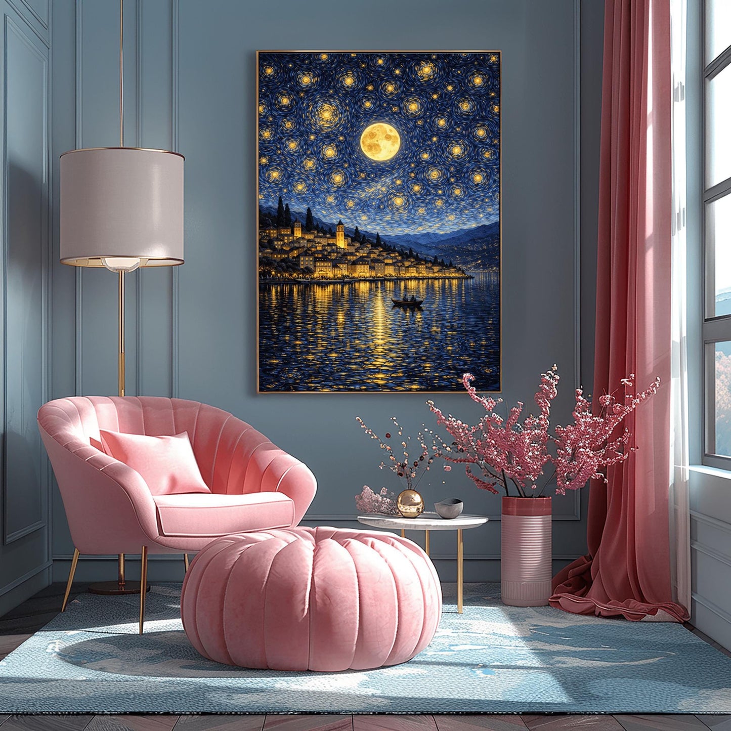 A vertical digital illustration of a coastal town at night in an impressionist style. A large full moon and many swirling yellow stars fill a deep blue sky. The golden lights of the hillside buildings reflect in the water below. A small rowboat with two people is in the foreground.