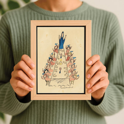 A vertical ink and watercolor illustration by Ludwig Bemelmans showing a festive gathering. A long dining table stretches from the foreground to the back of the room, topped with a birthday cake with one lit candle and small flower arrangements. Miss Clavel, dressed in a blue habit, stands with her arms raised at the head of the table. Along both sides of the table, little girls in pink dresses and blue hair bows wave their hands joyfully. Signed "Bemelmans" at the bottom center.