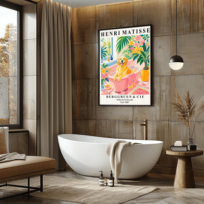 A vertical minimalist fine art exhibition poster in the style of Henri Matisse, bordered by a wide white frame margin. In the center, a simple black line drawing outlines the head and happy expression of a Golden Retriever dog. The composition is accented by vibrant, flat paper-cut abstract shapes, including a royal blue coral leaf on the left, a terracotta red shape on the right, and a mustard yellow block at the base against a clean white background.