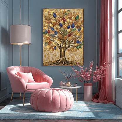 A vertical fine art print in the style of Gustav Klimt. A large, ornate tree with golden swirling branches is centered against a light-gold background. The leaves of the tree are rendered as colorful mosaic jewels in deep blue, red, and green. The entire scene is filled with intricate gold leaf patterns, spirals, and geometric symbols.