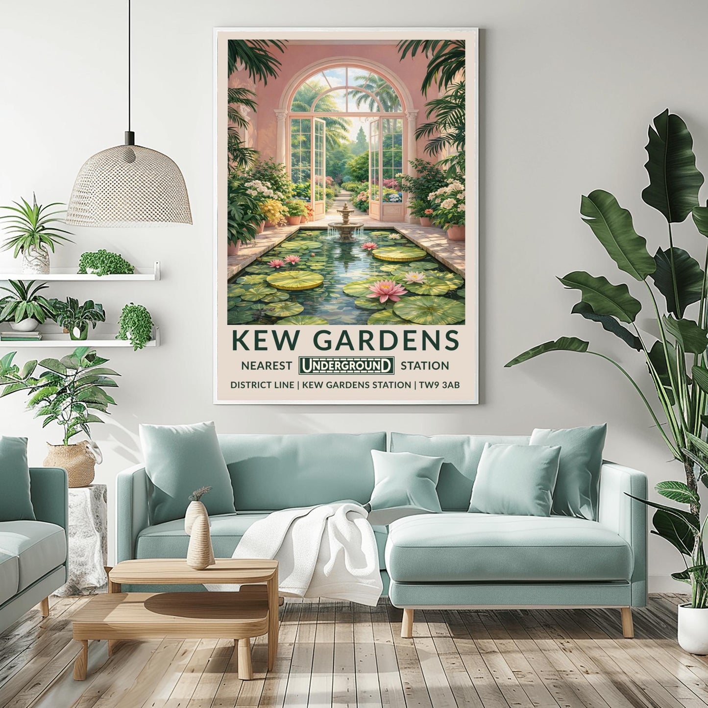 A vertical vintage travel poster for Kew Gardens. The scene is an interior view of a pink-walled conservatory featuring a long rectangular pond filled with lily pads and pink water lilies. A tiered stone fountain stands in the water. Large arched glass doors are open in the center, revealing a sun-drenched garden path lined with flowers and palm trees. The bottom features a cream border with bold green text: "KEW GARDENS" and "NEAREST UNDERGROUND STATION" with District Line details.