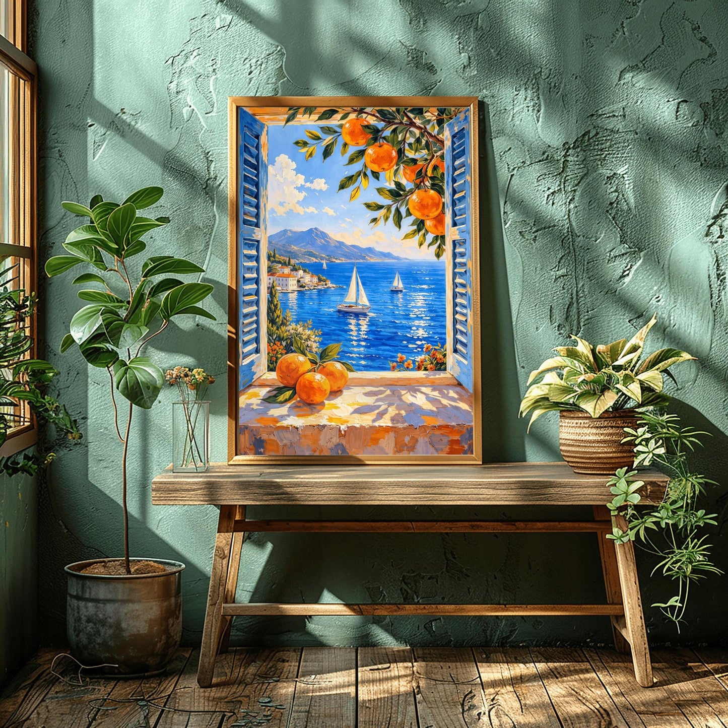 Matisse Coastal Print – Mediterranean Art Print with Blue Shutters & Oranges