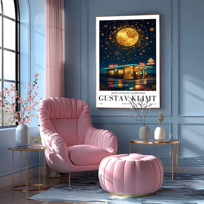 A vertical museum exhibition poster in the style of Gustav Klimt. A retro mid-century gas station and motel with neon signs stand in a desert landscape at night. A massive, ornate golden moon with mosaic patterns fills the top of a sky crowded with golden spirals and symbols. Bold black text at the bottom reads "GUSTAV KLIMT" and "DESERT MOON."